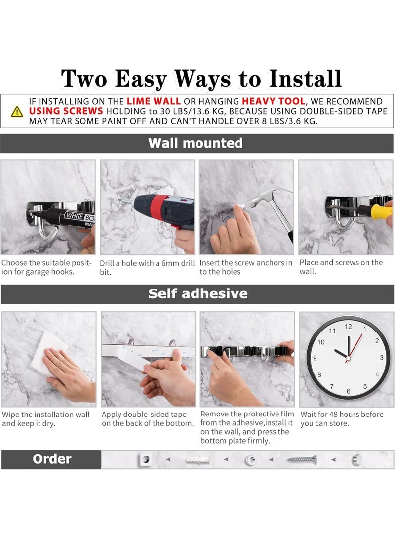 5Holders+4 Hooks  Broom Holder Wall Mounted with Nails Installation, Heavy Duty Stainless Steel Mop Holder, Brush Mop and Broom Storage Self Adhesive - Image 4